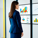 A professional female marketing strategist, fully clothed in a modest business suit, stands in a brightly lit, modern office. She is thoughtfully observing a large, transparent digital screen displaying abstract data visualizations and an empathy map, with a focused expression. The background subtly includes sleek office furniture. perfect anatomy, correct proportions, natural pose, well-formed hands, proper finger count, natural body proportions, high-resolution, professional photography, studio lighting, safe for work, appropriate content, fully clothed, professional, family-friendly.