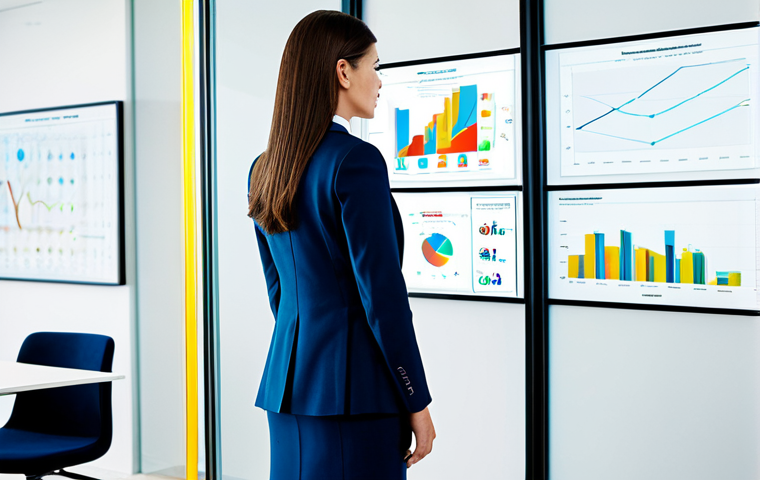 A professional female marketing strategist, fully clothed in a modest business suit, stands in a brightly lit, modern office. She is thoughtfully observing a large, transparent digital screen displaying abstract data visualizations and an empathy map, with a focused expression. The background subtly includes sleek office furniture. perfect anatomy, correct proportions, natural pose, well-formed hands, proper finger count, natural body proportions, high-resolution, professional photography, studio lighting, safe for work, appropriate content, fully clothed, professional, family-friendly.