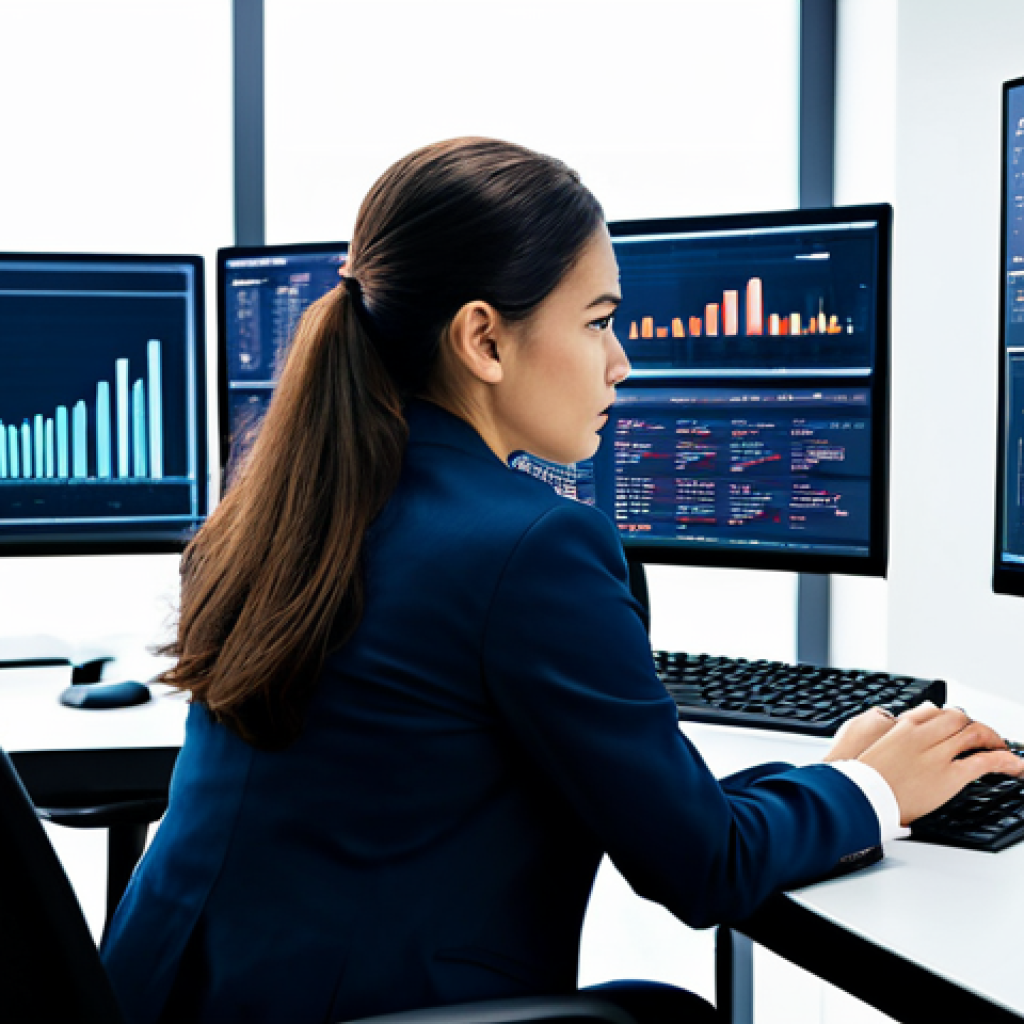 A focused professional woman, in a modest business suit, seated at a sleek modern desk in a well-lit open-plan tech office. She is looking intently at multiple large screens displaying complex data visualizations and analytical models, symbolizing a deep dive into numbers and strategic insights. Her hands are resting naturally on the keyboard. The background features subtle abstract digital patterns symbolizing data flow and innovation. The overall atmosphere is one of deep analytical thought and strategic insight. Professional photography, high resolution, soft lighting, safe for work, appropriate content, fully clothed, professional, perfect anatomy, correct proportions, natural pose, well-formed hands, proper finger count, natural body proportions.