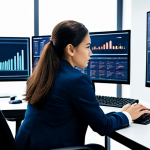 A focused professional woman, in a modest business suit, seated at a sleek modern desk in a well-lit open-plan tech office. She is looking intently at multiple large screens displaying complex data visualizations and analytical models, symbolizing a deep dive into numbers and strategic insights. Her hands are resting naturally on the keyboard. The background features subtle abstract digital patterns symbolizing data flow and innovation. The overall atmosphere is one of deep analytical thought and strategic insight. Professional photography, high resolution, soft lighting, safe for work, appropriate content, fully clothed, professional, perfect anatomy, correct proportions, natural pose, well-formed hands, proper finger count, natural body proportions.