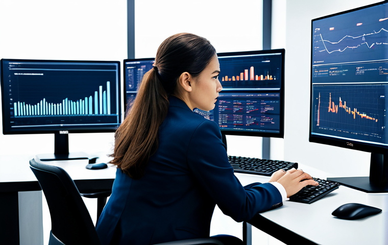 A focused professional woman, in a modest business suit, seated at a sleek modern desk in a well-lit open-plan tech office. She is looking intently at multiple large screens displaying complex data visualizations and analytical models, symbolizing a deep dive into numbers and strategic insights. Her hands are resting naturally on the keyboard. The background features subtle abstract digital patterns symbolizing data flow and innovation. The overall atmosphere is one of deep analytical thought and strategic insight. Professional photography, high resolution, soft lighting, safe for work, appropriate content, fully clothed, professional, perfect anatomy, correct proportions, natural pose, well-formed hands, proper finger count, natural body proportions.