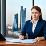 **

A professional businesswoman in a modest business suit, sitting at a desk in a modern Moscow office, fully clothed, appropriate attire, safe for work, perfect anatomy, natural proportions, professional photography, high quality. The office has a view of the Moscow City skyscrapers.

**
