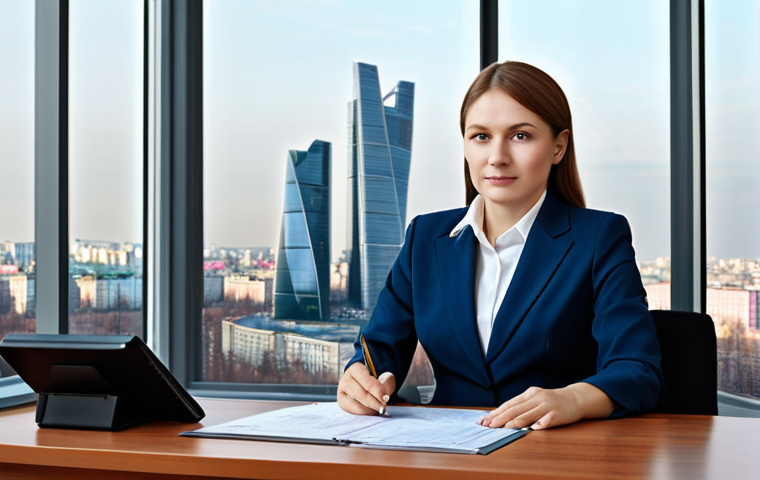 **

A professional businesswoman in a modest business suit, sitting at a desk in a modern Moscow office, fully clothed, appropriate attire, safe for work, perfect anatomy, natural proportions, professional photography, high quality. The office has a view of the Moscow City skyscrapers.

**