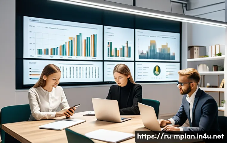 미디어 플래너의 브랜드 광고 기획 프로세스 - A professional marketing team in a modern Moscow office, analyzing audience segmentation charts and ...