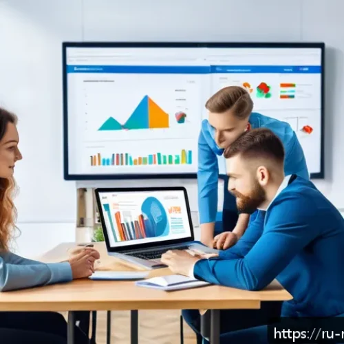 미디어 플래너의 성공적인 광고 캠페인 분석 - A modern Russian digital marketing team in a bright, spacious office, collaborating around a large s...