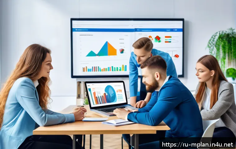 미디어 플래너의 성공적인 광고 캠페인 분석 - A modern Russian digital marketing team in a bright, spacious office, collaborating around a large s...