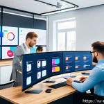 미디어 플래너의 디지털 광고 채널 비교 - A modern digital marketing office scene featuring a diverse team of Russian professionals analyzing ...