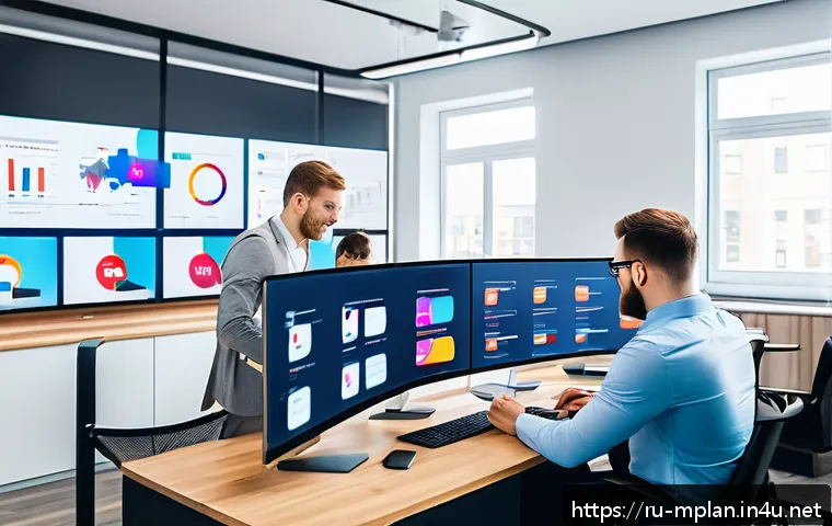 미디어 플래너의 디지털 광고 채널 비교 - A modern digital marketing office scene featuring a diverse team of Russian professionals analyzing ...