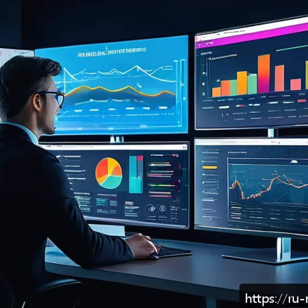 미디어 플래너가 주목해야 할 신기술 - A modern media planner’s workspace filled with multiple large monitors displaying real-time data ana...