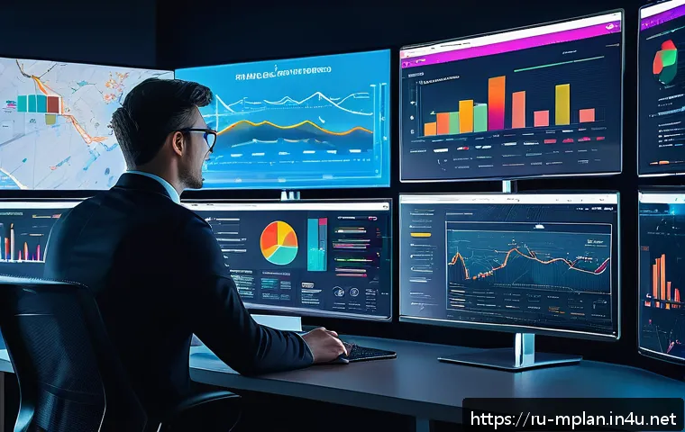 미디어 플래너가 주목해야 할 신기술 - A modern media planner’s workspace filled with multiple large monitors displaying real-time data ana...